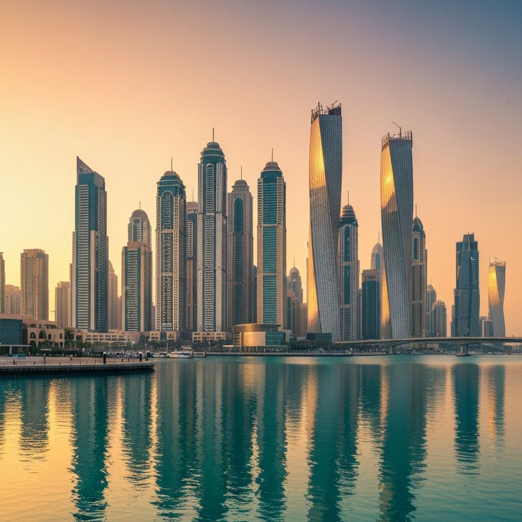 Dubai skyline at golden hour with modern luxury architecture